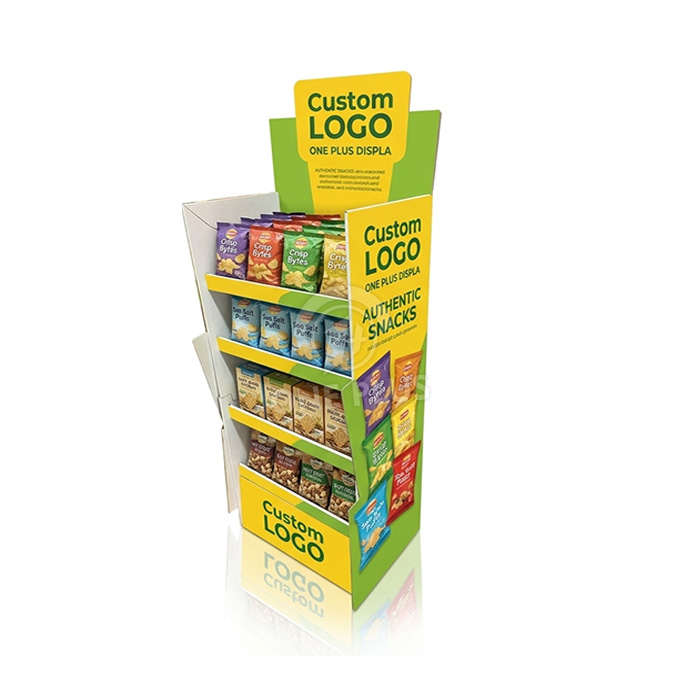 4-poziomowy niestandardowy kartonowy stojak podłogowy na chipsy ziemniaczane i słone przekąski | Widoczny w sprzedaży detalicznej Merchandiser SKU-202604291342-CRISP