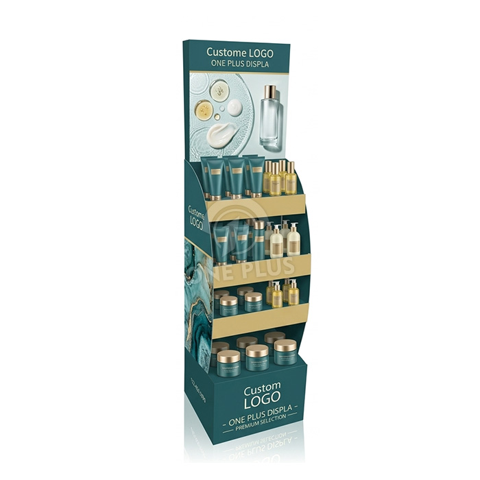 4-poziomowy niestandardowy kartonowy stojak podłogowy do luksusowych kosmetyków do pielęgnacji skóry i kosmetyków | Premium Retail Merchandiser SKU-202604291703-GLOW