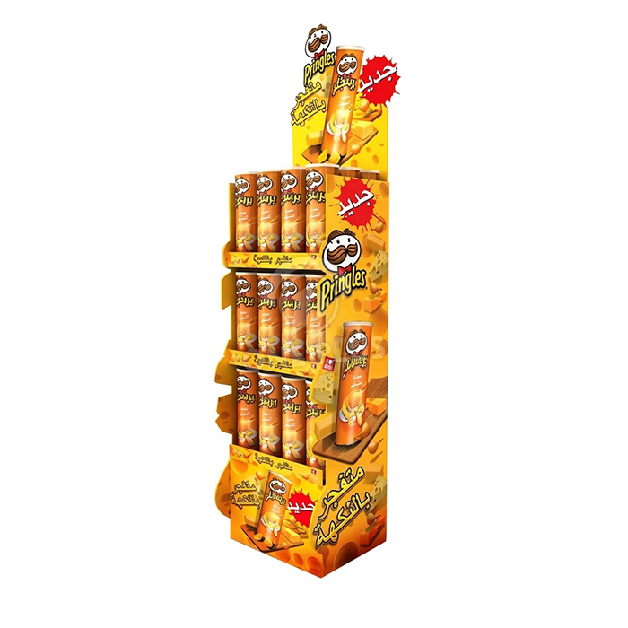 3-poziomowy niestandardowy wycinany stojak podłogowy z tektury falistej dla Pringles i chipsów ziemniaczanych | Żywy merchandiser przekąsek detalicznych SKU-202605071605-CHIP3