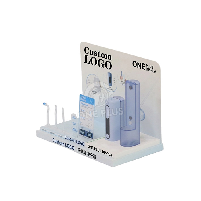 Custom Acrylic Countertop Oral Irrigator Display Stand with Specialized Nozzle Slots | Premium Water Flosser & Dental Care Retail Merchandiser SKU-202605251716-ORAL