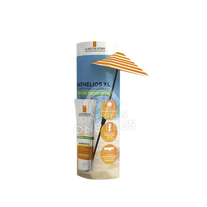 Individueller Sonnenschutz-Karton-Standee-Bodenaufsteller | Premium 3D zylindrischer Kosmetik-Retail-Totem-Ständer mit Sonnenschirm-Requisite SKU-202605271505-SUN