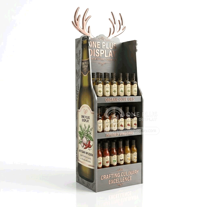 Exhibición de piso de cartón troquelado personalizado premium de 3 niveles para bebidas embotelladas y refrescos | Merchandiser minorista creativo SKU-202605061724-PREM