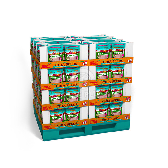 Display de Palete Personalizado de Papelão Ondulado de 4 Níveis para Sacos Flexíveis de Lanches e Sementes de Chia | Rack de Merchandising para Lojas de Varejo e Clubes SKU-202606041611-SNACK