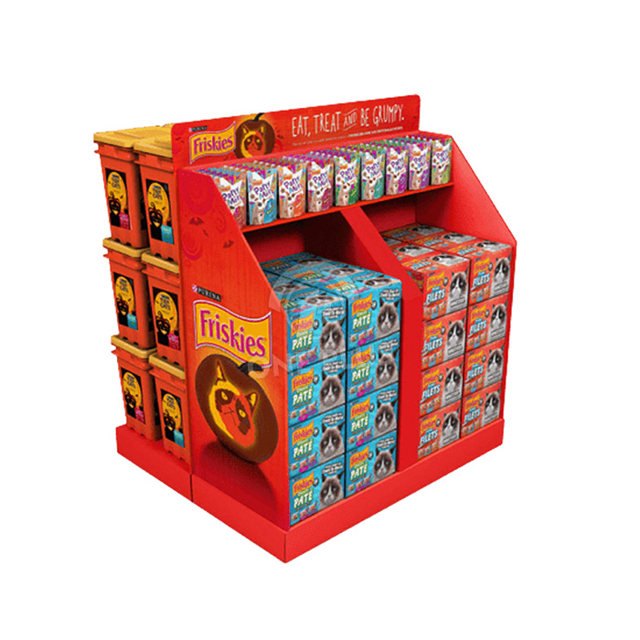 Display de Palete Personalizado em Papelão Corrugado para Múltiplos Produtos de Ração e Petiscos para Gatos | Display de Ponta de Gôndola para Lojas de Atacado SKU-202606051342-PET