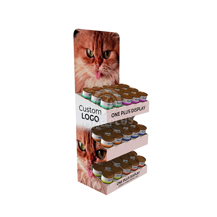 Soporte de exhibición de cartón personalizado para latas de comida para gatos | Merchandiser minorista de pie de 3 niveles SKU-202606171348-CATFOOD