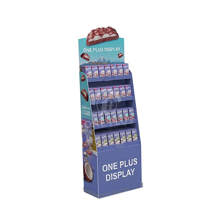 Exhibición de cartón personalizada para aperitivos | Merchandiser minorista de pie inclinado de 4 niveles SKU-202606171435-SNACK