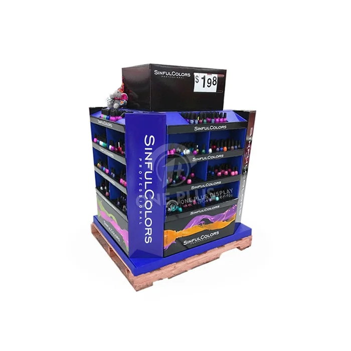 Rak Display Palet Karton Bergelombang Kustom 4 Arah untuk Kosmetik Cat Kuku