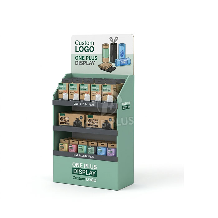 Custom Cardboard Display Stand for Trash Bags & Household Supplies | Retail Floor Merchandiser SKU-202609012345892
