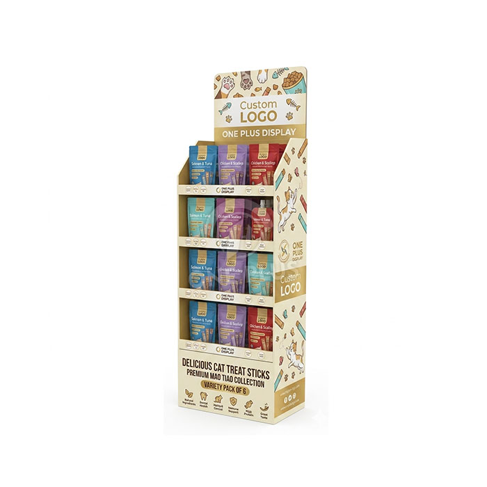 Custom Cardboard Display Stand for Cat Treat Sticks & Pet Food | Retail Floor Merchandiser SKU-202609020701396