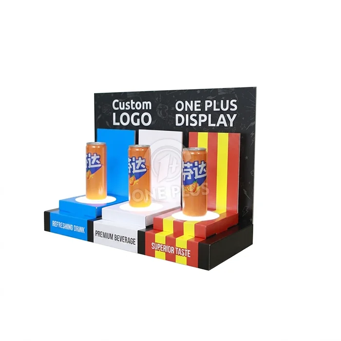 Custom Tiered Cardboard Countertop Display for Beverage Cans Retail Spotlight Merchandiser