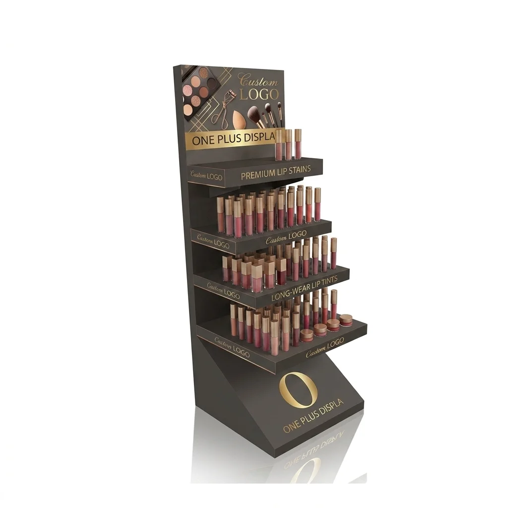 Premium 4-Tier Custom Cardboard Floor Display for Lip Glaze & Makeup Sleek Retail Cosmetics Merchandiser