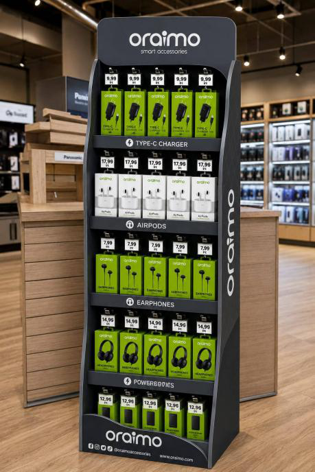 Client-provided visual reference for a black-and-green electronics floor display stand in a retail store