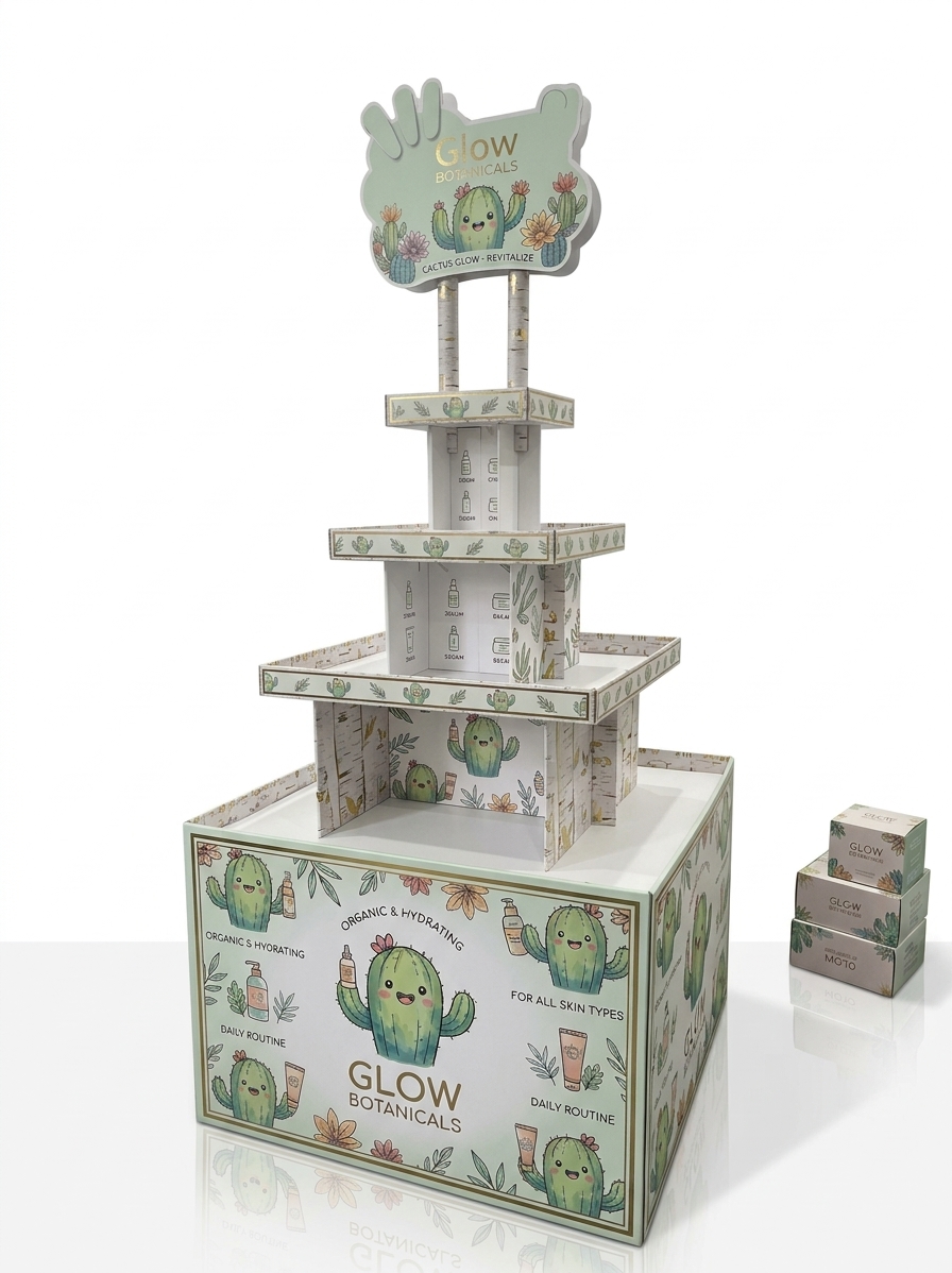 Custom cardboard dump bin for skincare brand deployed in beauty retail store