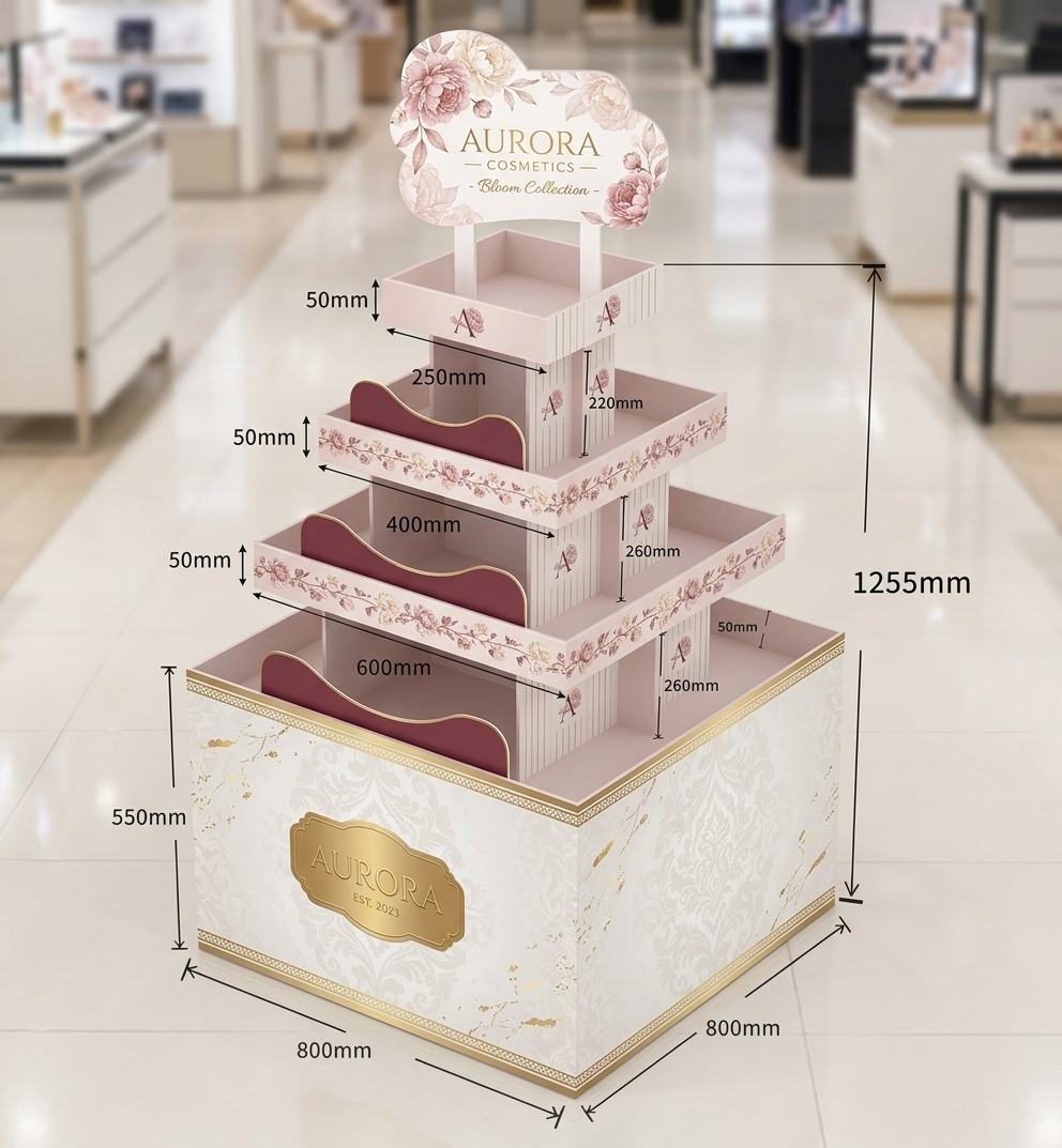 Moisture-proof base tray and corner guard detail on custom cardboard floor display
